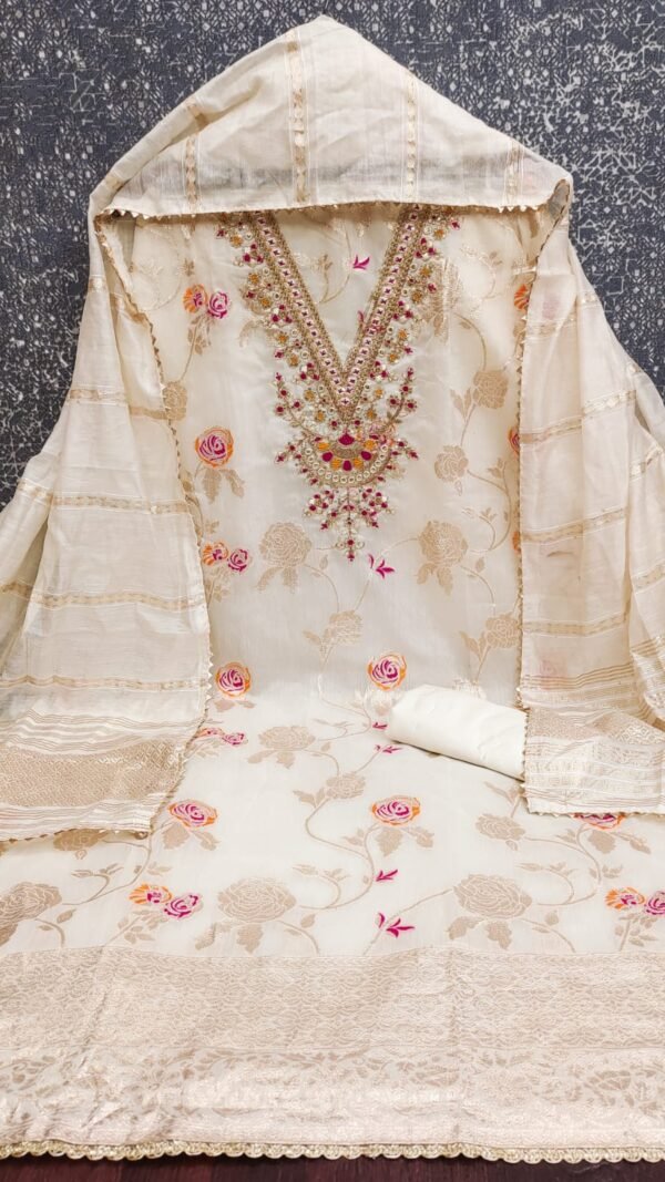 Alternative view of Cream Vichitra Silk Pakistani Suit Under 1000 – Embroidered Unstitched Dress Material