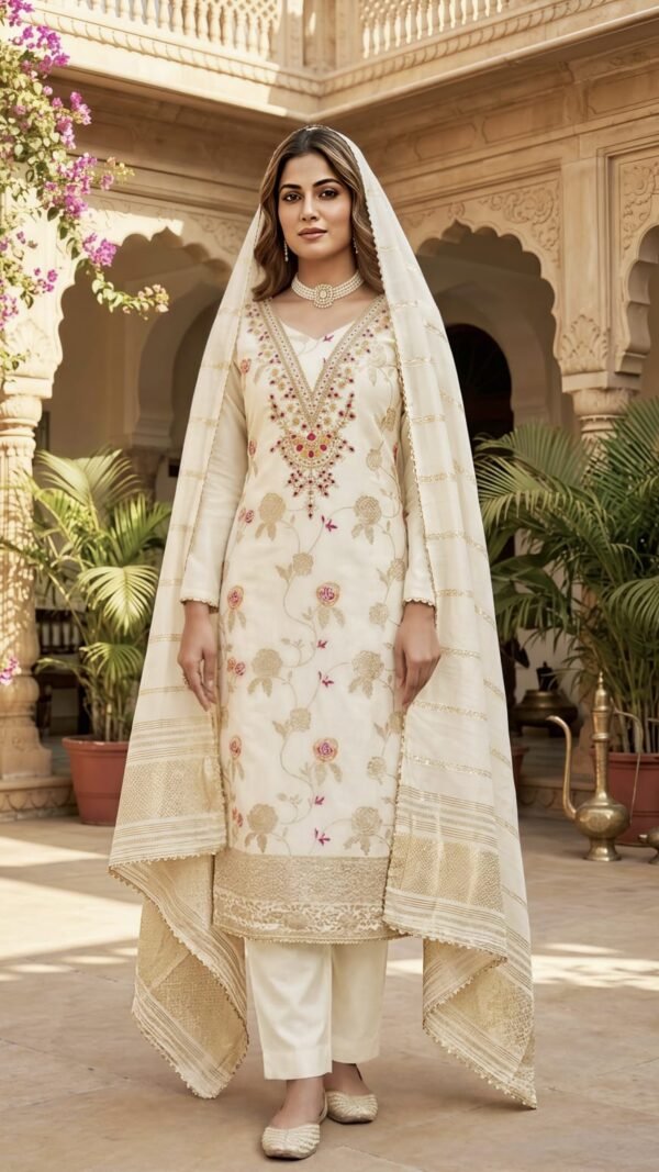 Cream Pakistani Suit Under 1000 in Vichitra Silk with Embroidery Work and Matching Dupatta