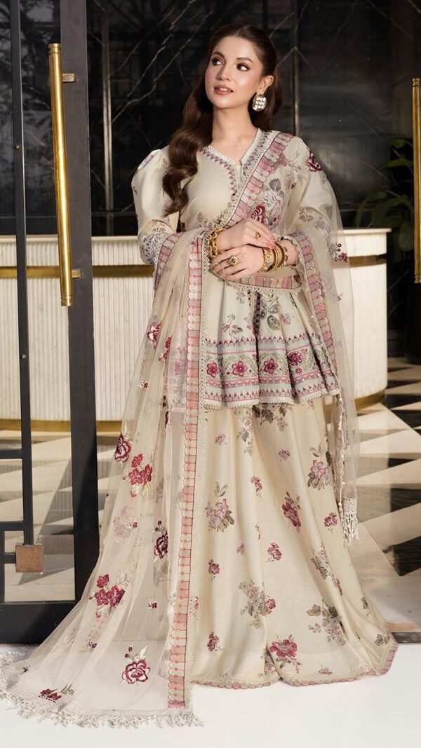 Alternative view of Dananeer Mobeen Inspired Peplum Sharara Suit With Embroidered Net Dupatta