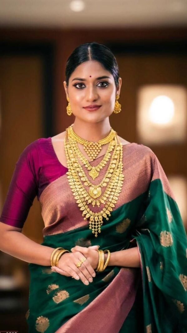 Green Lichi Silk Saree with Pink Jacquard Border