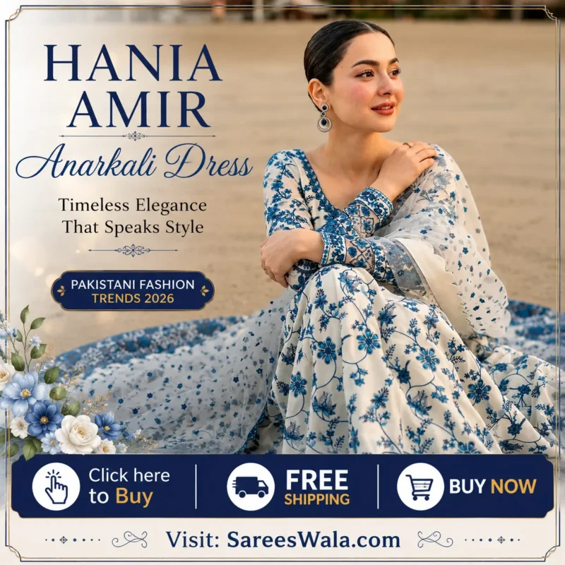 Hania Amir inspired blue and white Pakistani Anarkali dress for Eid, weddings, and party wear with free shipping across India and worldwide delivery