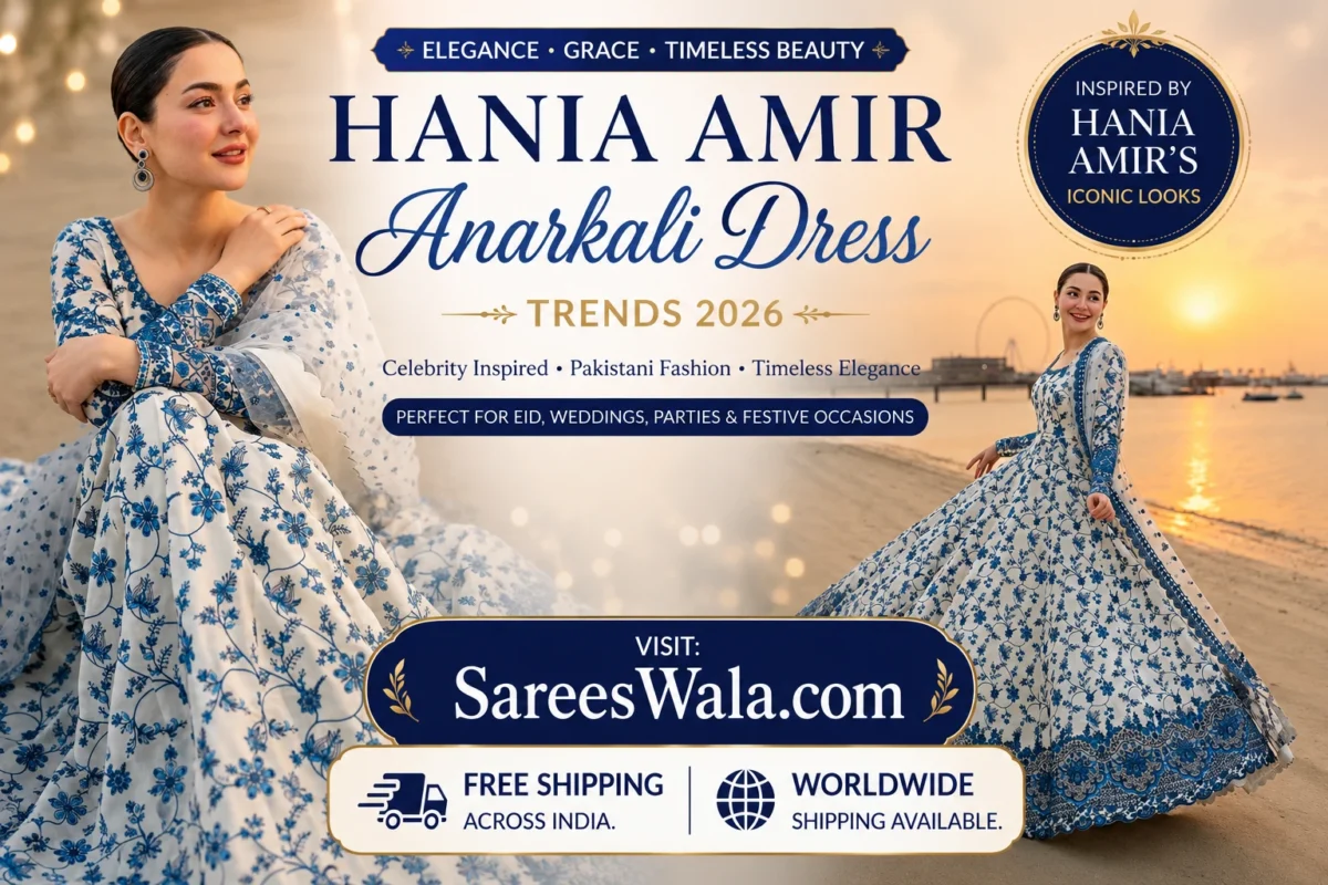 Hania Amir inspired blue and white Pakistani Anarkali dress for Eid, weddings, and party wear available online at SareesWala