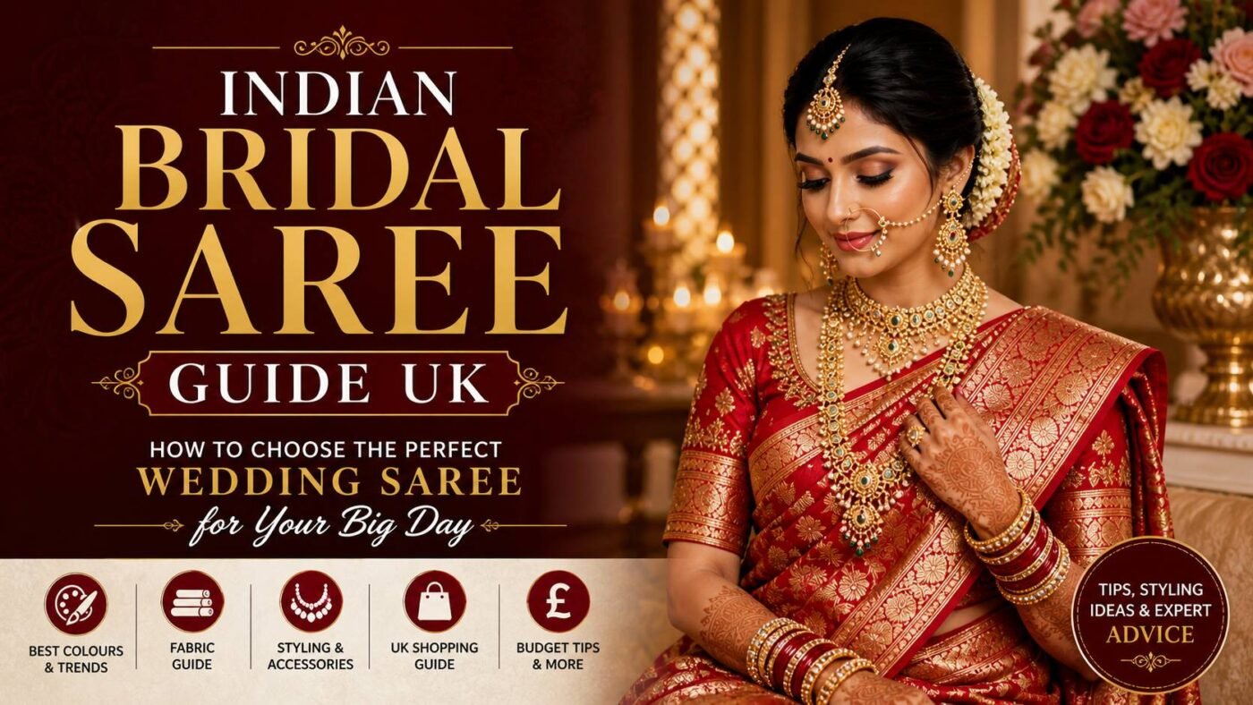 Indian bridal saree guide UK featuring red silk bridal saree styling for wedding inspiration