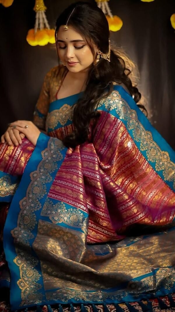 Magenta Blue Lichi Silk Saree with Rich Pallu and Jacquard Border