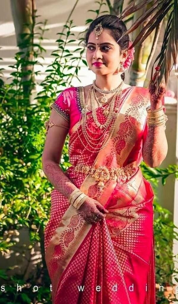 Pink Lichi Silk Saree with Golden Jacquard Work