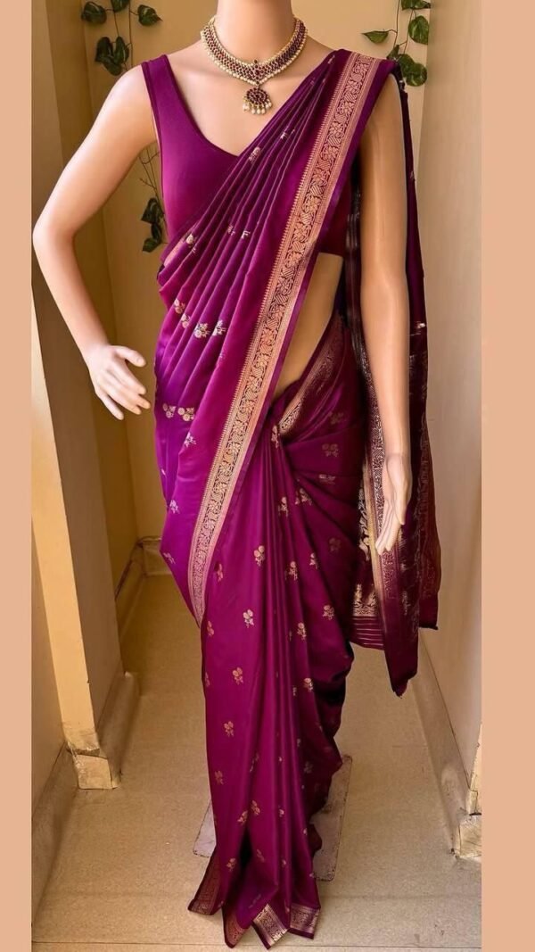 Purple Lichi Silk Saree with Golden Jacquard Border
