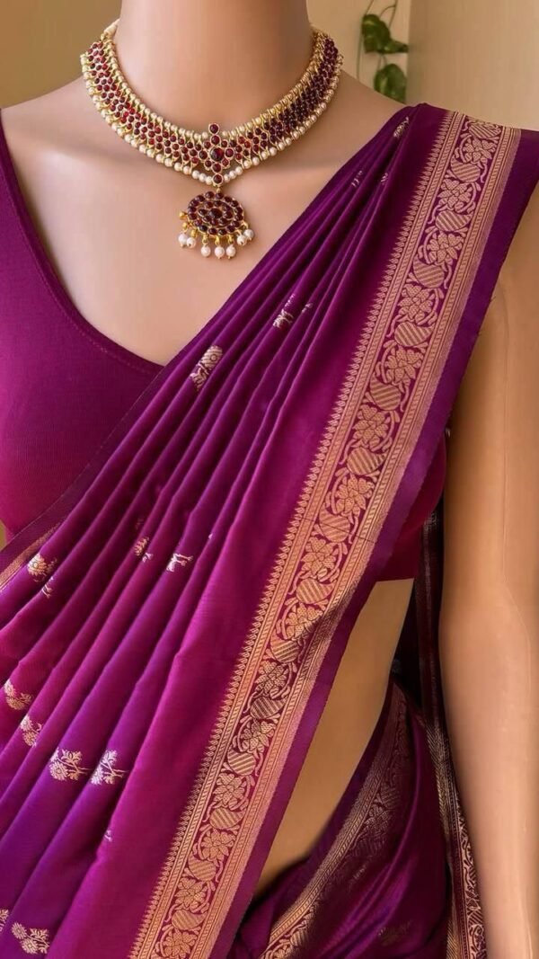 Alternative view of Purple Lichi Silk Saree With Rich Pallu & Golden Jacquard Border