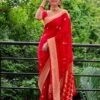 Red Lichi Silk Saree with Golden Jacquard Border
