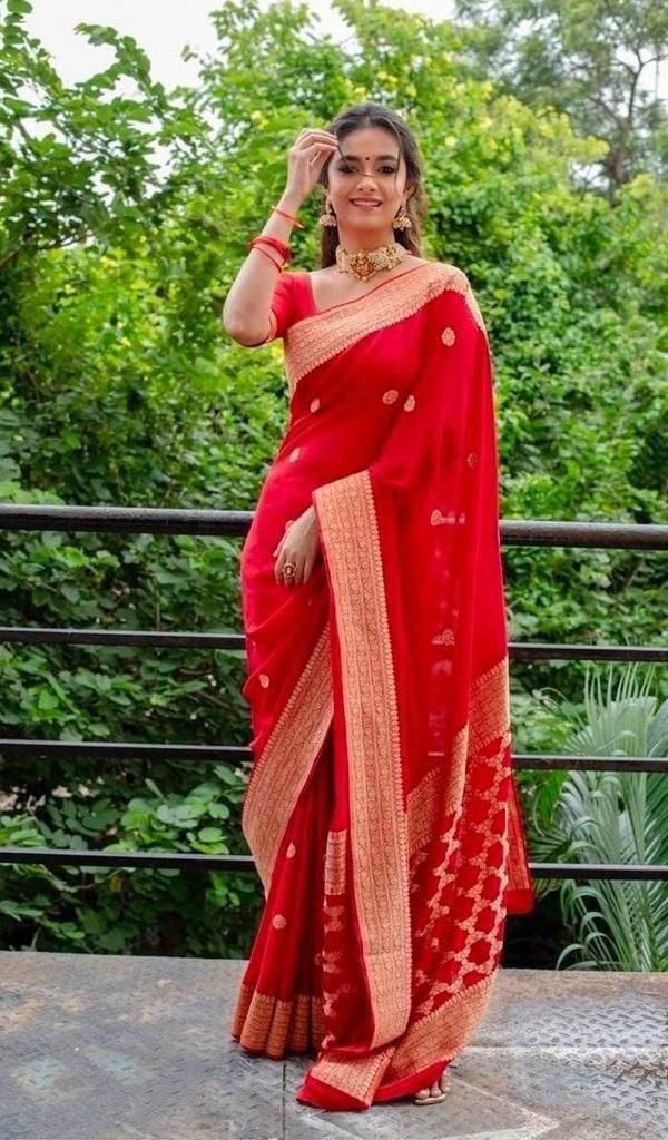Red Lichi Silk Saree with Golden Jacquard Border