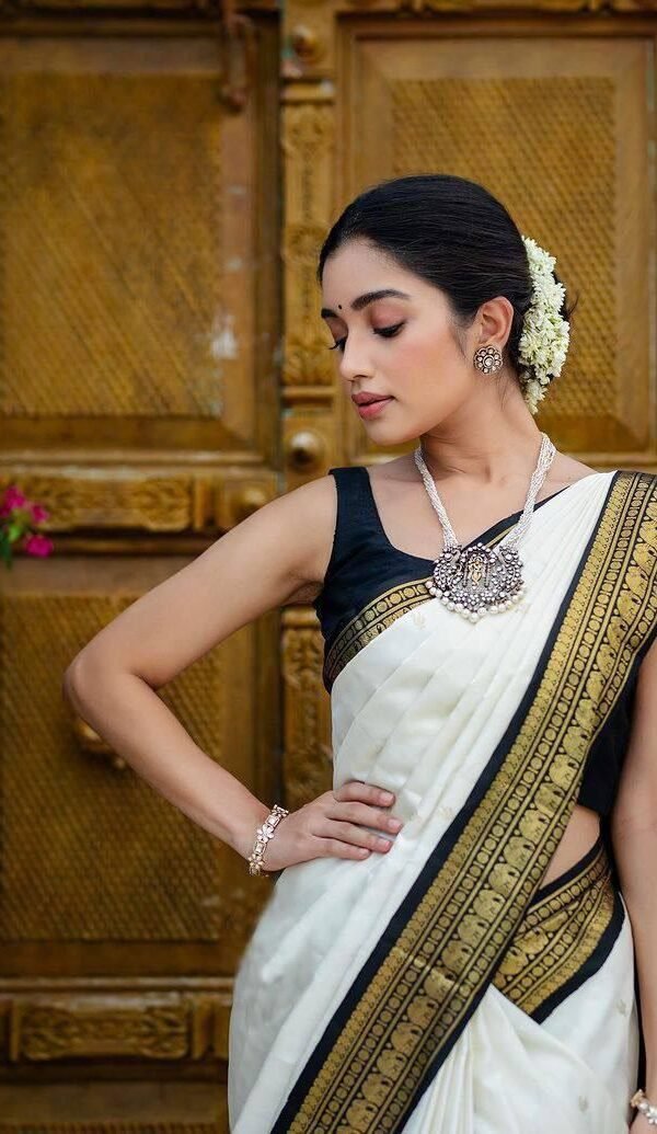 Alternative view of White Lichi Silk Saree With Black Gold Jacquard Border