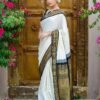 White Lichi Silk Saree with Black Gold Jacquard Border