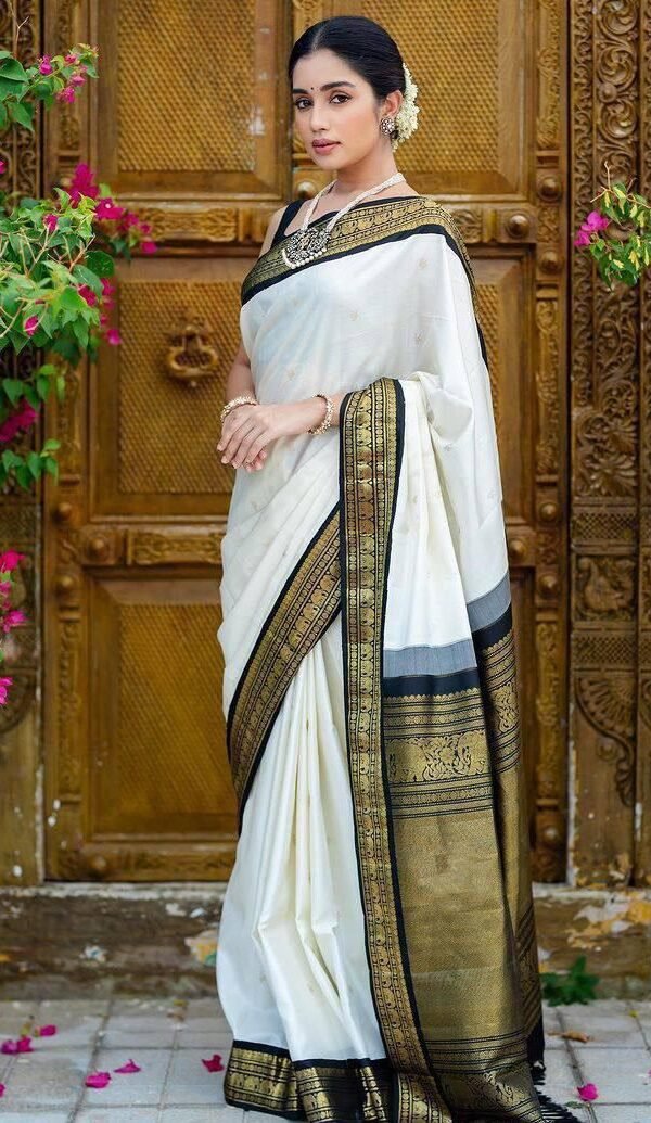White Lichi Silk Saree with Black Gold Jacquard Border