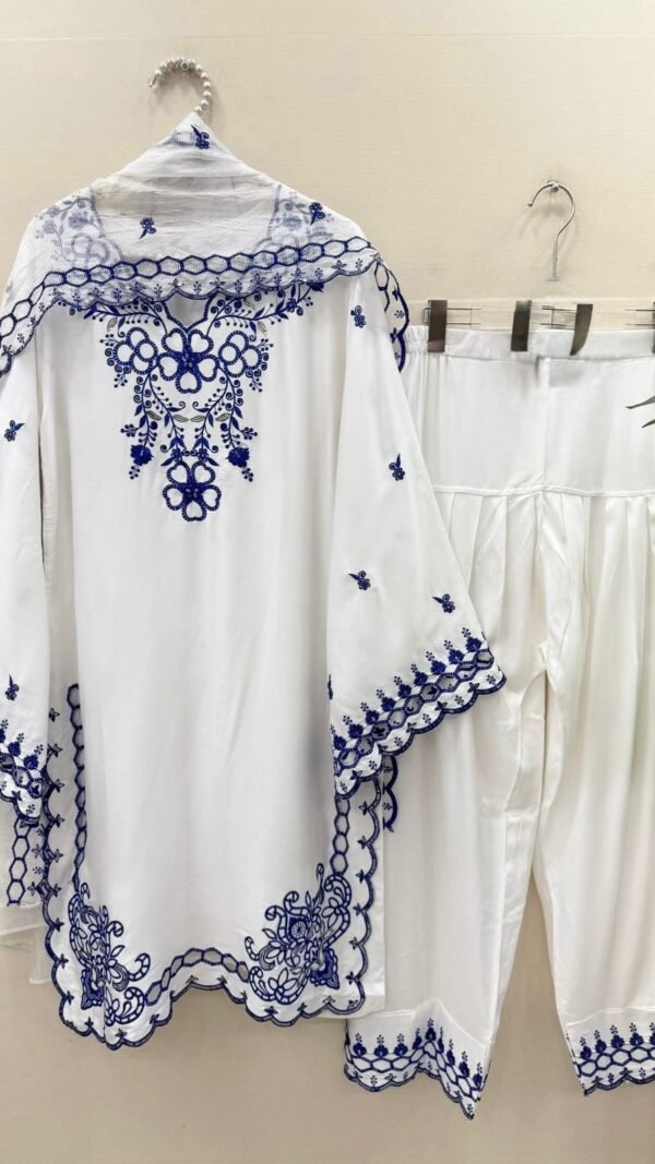 White Pakistani Suit Under 2000 with Sequence Embroidery Farshi Salwar and Organza Dupatta