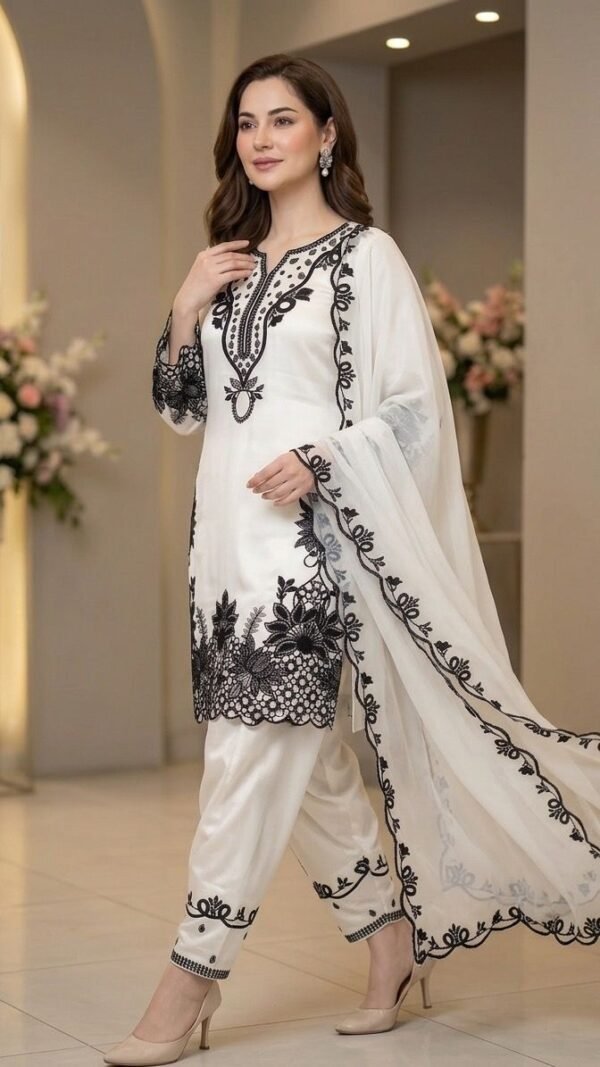 White Pakistani Suit Under 2000 with Sequence Embroidery Farshi Salwar and Organza Dupatta