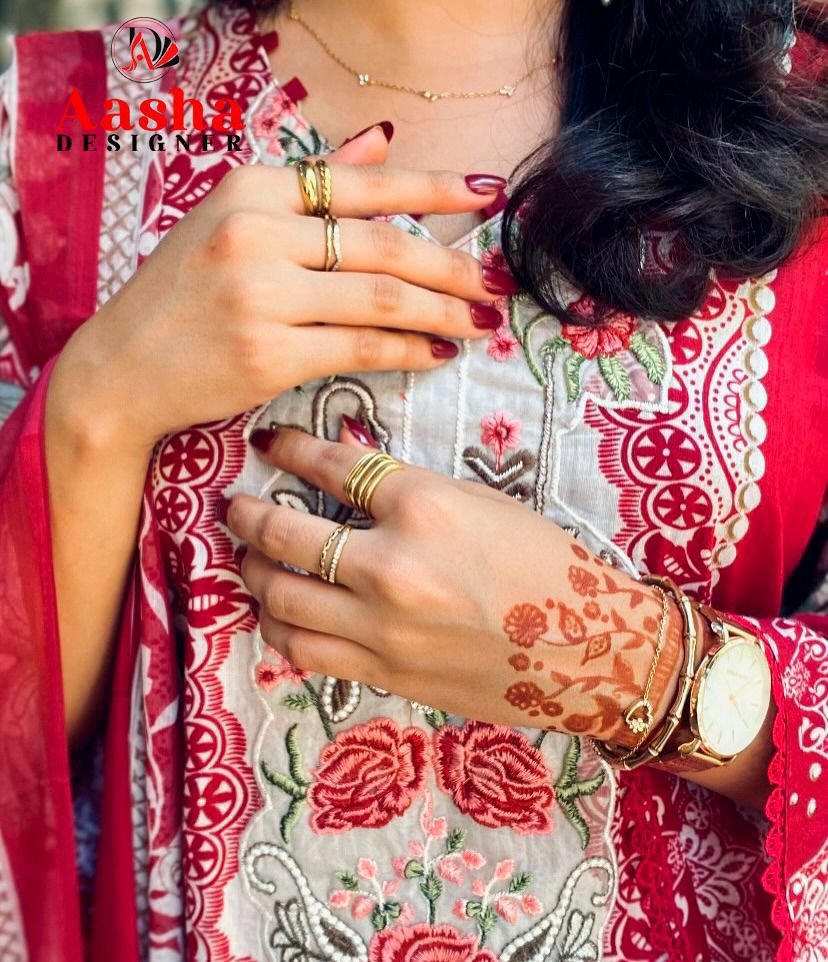 Aasha Designer Pure Cotton Pakistani Embroidered Suit Material - Image 3