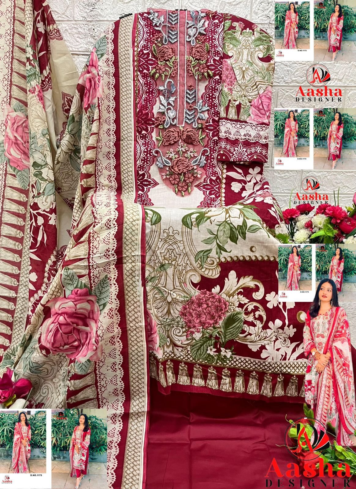 Aasha Designer Pure Cotton Pakistani Embroidered Suit Material - Image 2