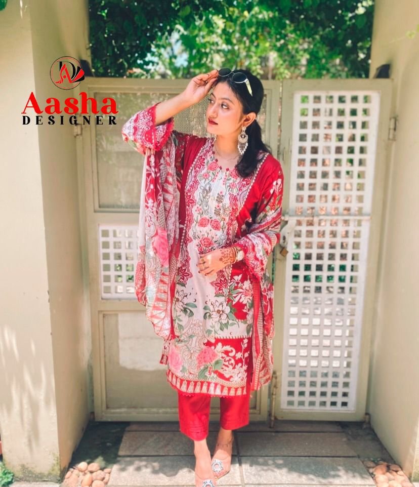 Aasha Designer Pure Cotton Pakistani Embroidered Suit Material - Image 6