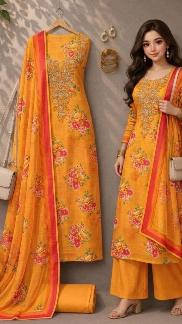 Festive amber yellow Lilan cotton Pakistani suit material with beautiful orange-red floral printing and sequence accents.