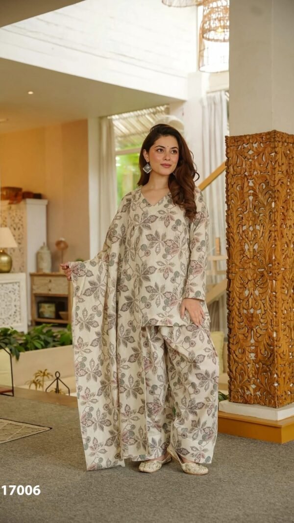 Alternative view of Buy Beige Cotton Farshi Salwar Suit for Women Under ₹1500 | Elegant Floral Printed Cotton Suit