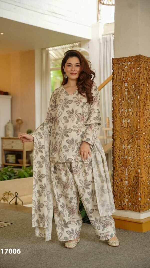 Beige Cotton Farshi Salwar Suit for Women Under ₹1500 with Elegant Floral Digital Print