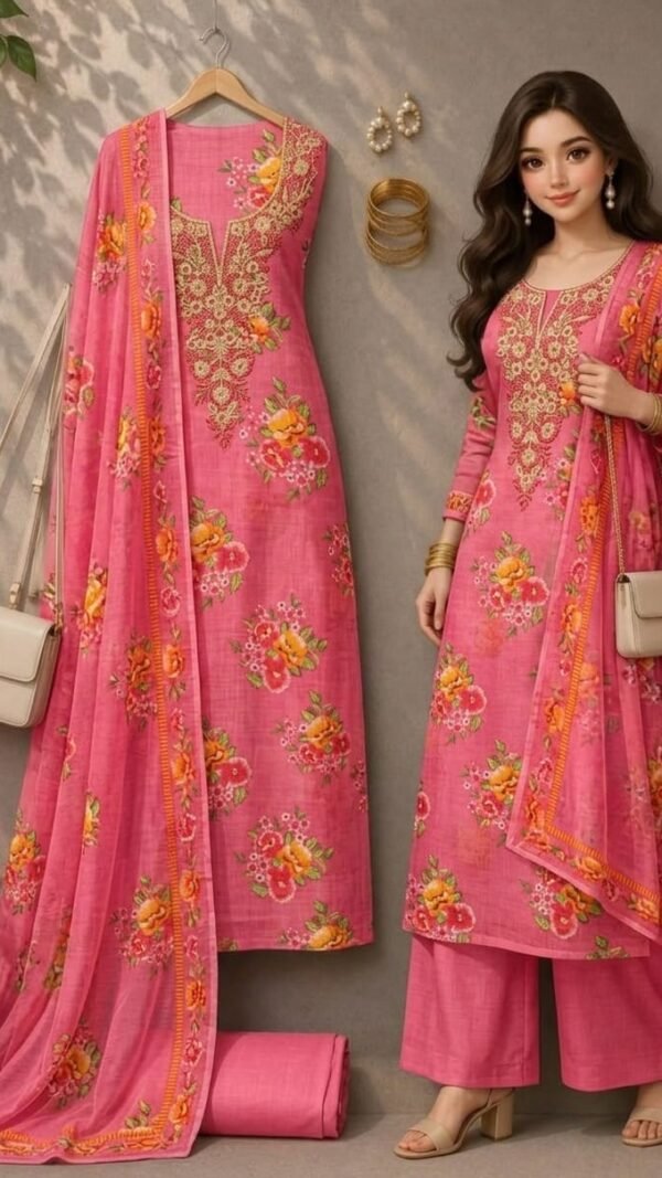 Model in a bright coral pink Lilan cotton Pakistani dress material decorated with warm orange floral prints and sequence work.
