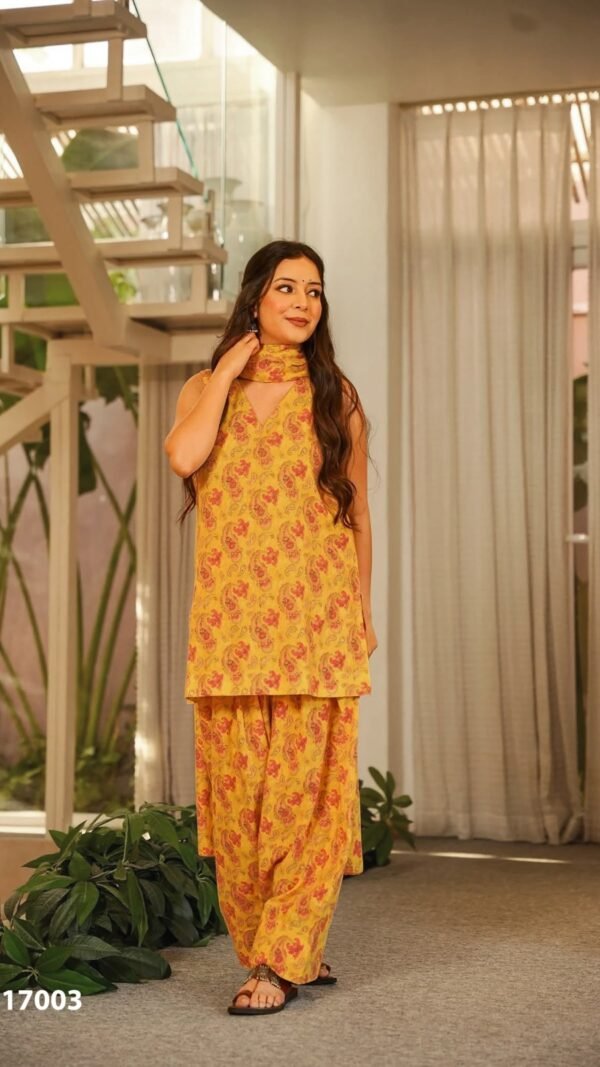 Alternative view of Buy Mustard Yellow Cotton Farshi Salwar Suit for Women Under ₹1500 – Designer Floral Cotton Suit Set
