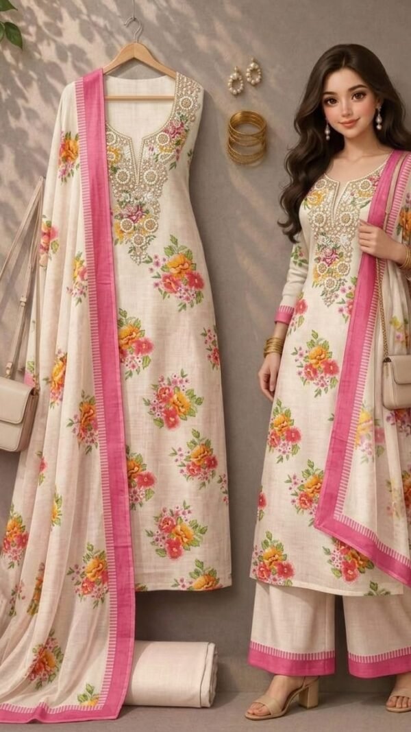 Pristine off-white Lilan cotton Pakistani suit featuring bright pink and yellow digital floral prints and neckline coding work.
