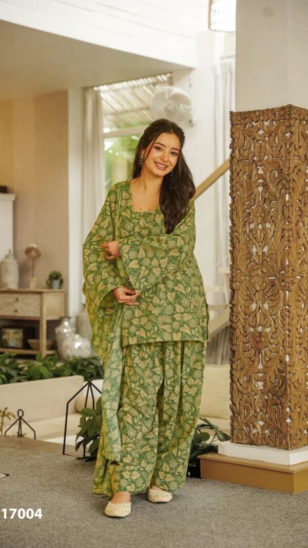 Alternative view of Buy Olive Green Cotton Farshi Salwar Suit for Women Under ₹1500 – Printed Cambric Cotton Suit Set
