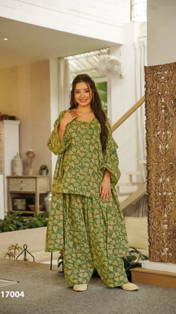 Olive Green Cotton Farshi Salwar Suit for Women Under ₹1500 with Printed Design