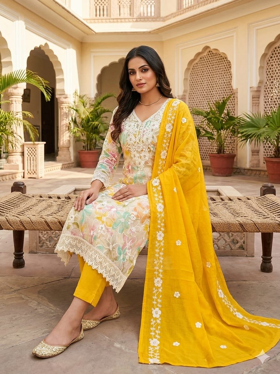 Floral Roman Silk Pakistani Dress Material with Chanderi Dupatta - Image 3