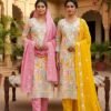 Premium unstitched PV Roman silk Pakistani dress material featuring long-stitch embroidery alongside a matching Chanderi work dupatta.