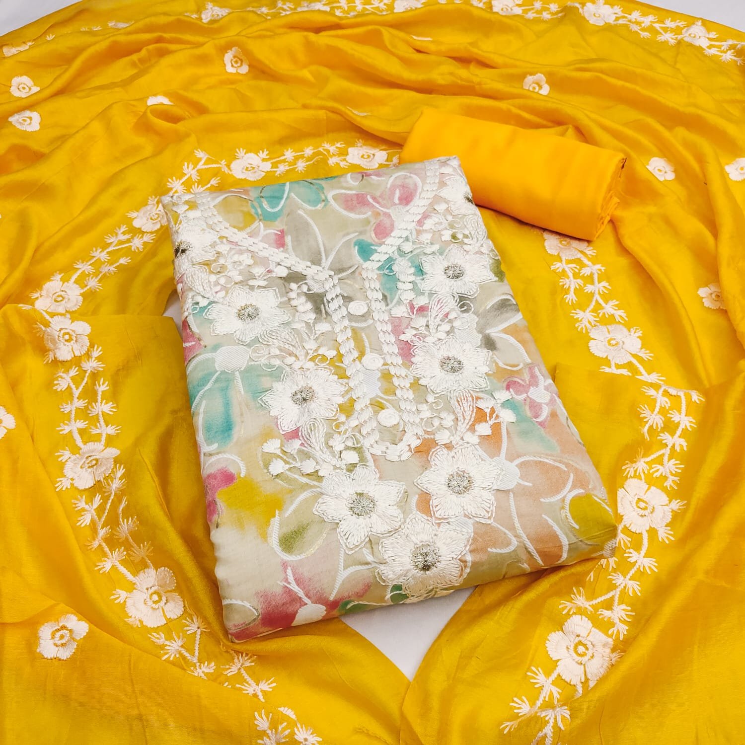 Floral Roman Silk Pakistani Dress Material with Chanderi Dupatta - Image 8