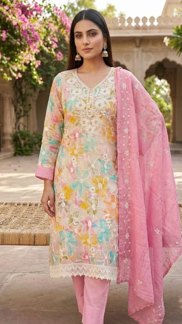 Alternative view of Floral Roman Silk Pakistani Dress Material with Chanderi Dupatta