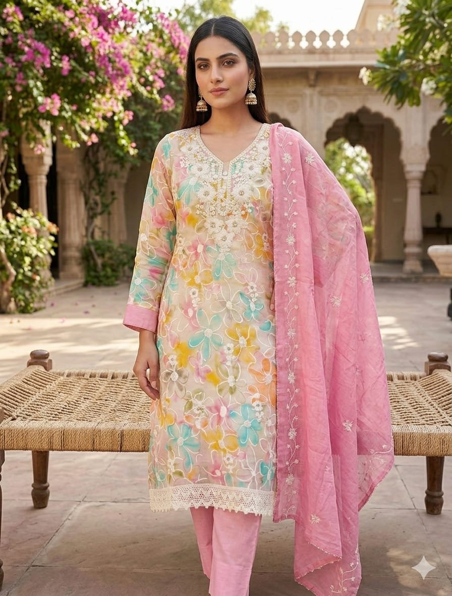Floral Roman Silk Pakistani Dress Material with Chanderi Dupatta - Image 2