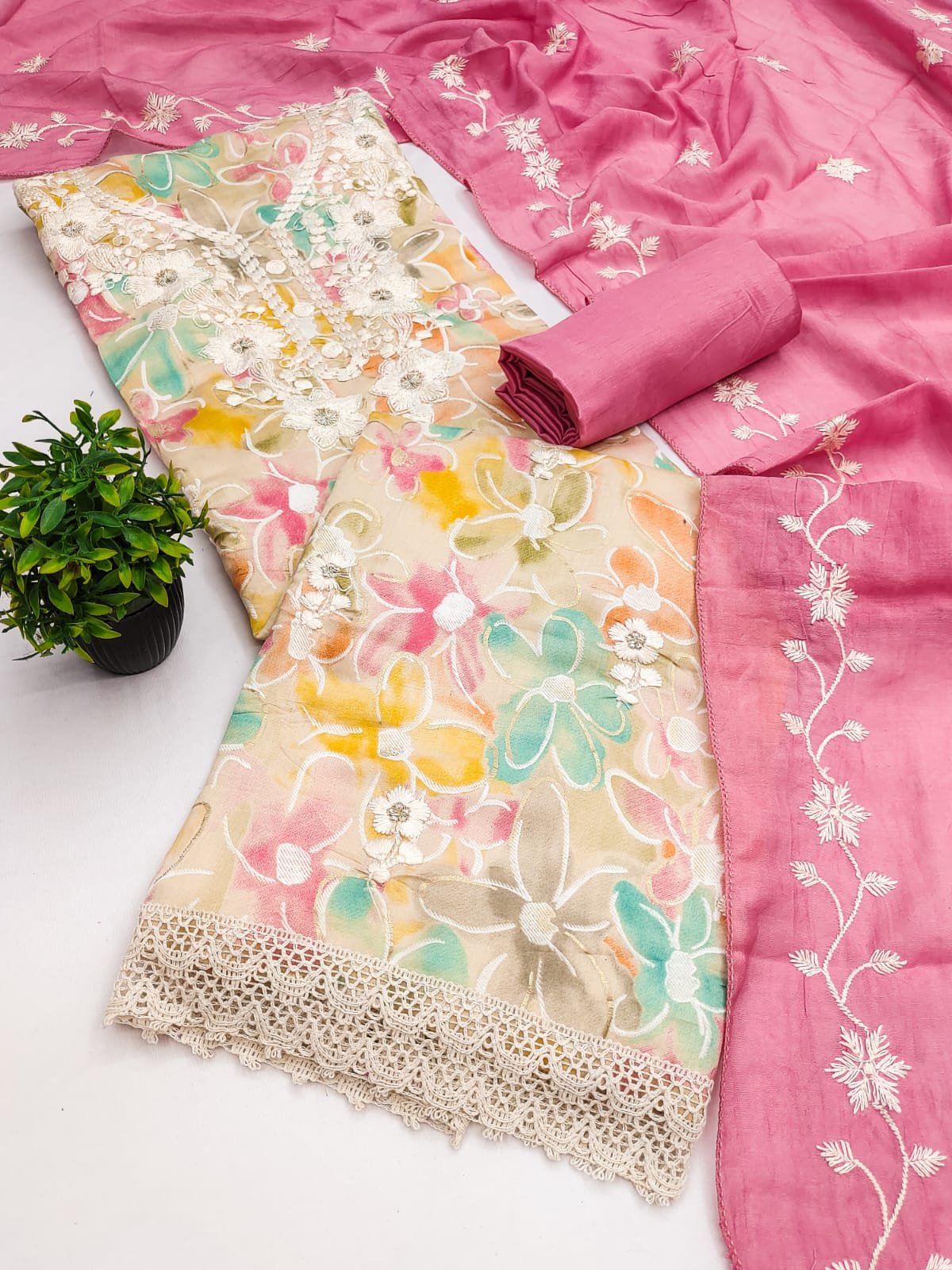 Floral Roman Silk Pakistani Dress Material with Chanderi Dupatta - Image 9
