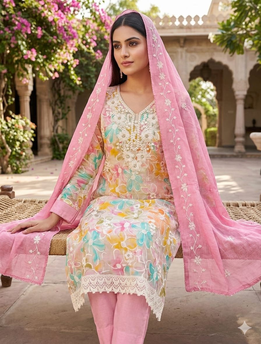 Floral Roman Silk Pakistani Dress Material with Chanderi Dupatta - Image 4