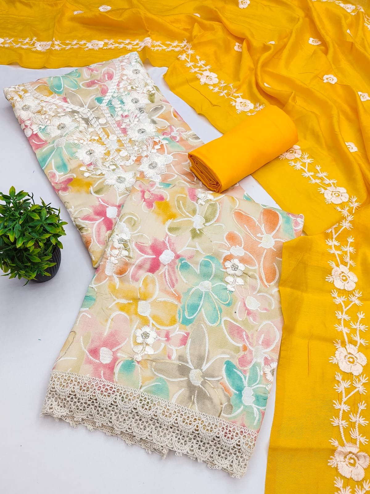Floral Roman Silk Pakistani Dress Material with Chanderi Dupatta - Image 10