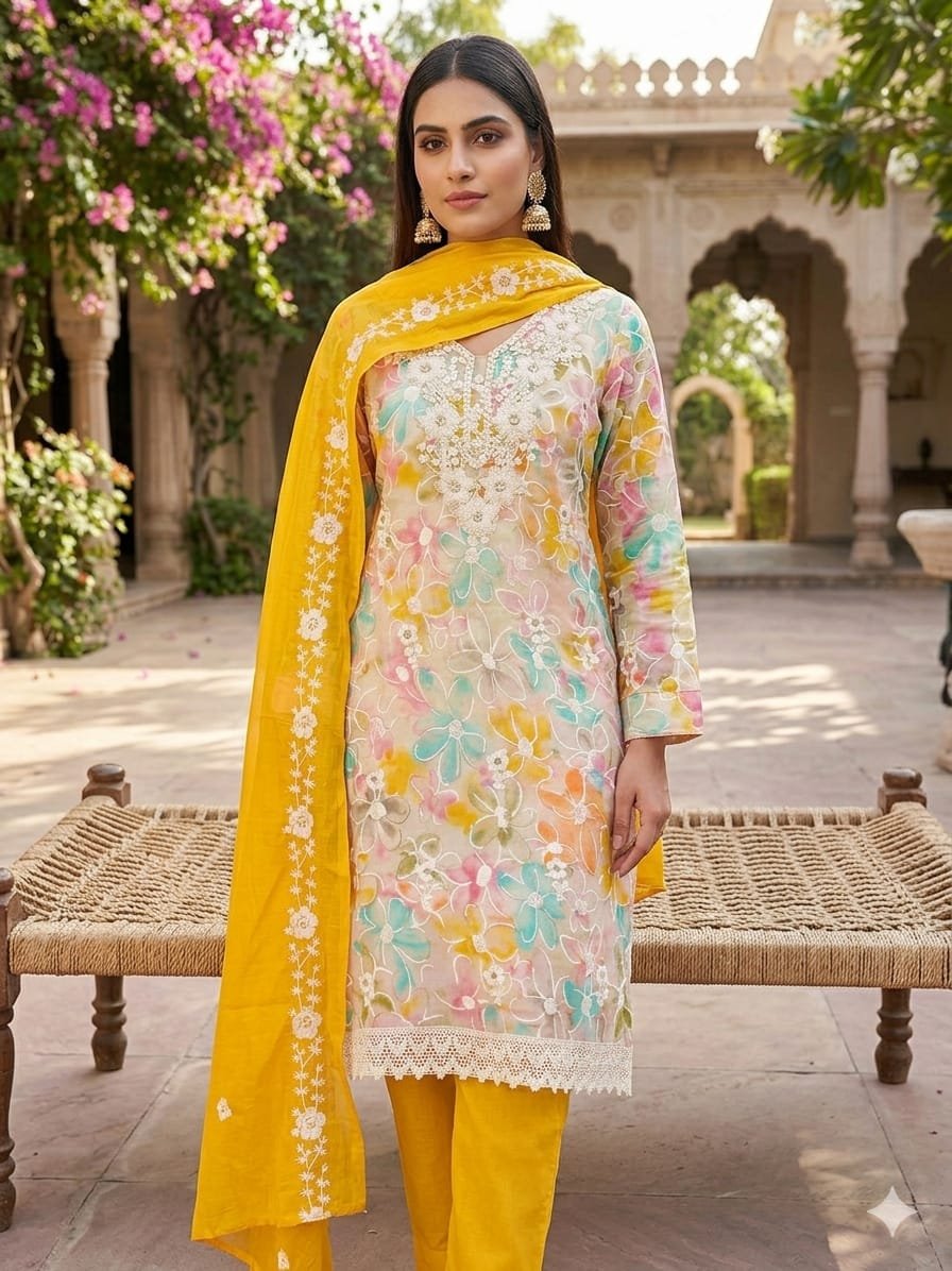 Floral Roman Silk Pakistani Dress Material with Chanderi Dupatta - Image 5