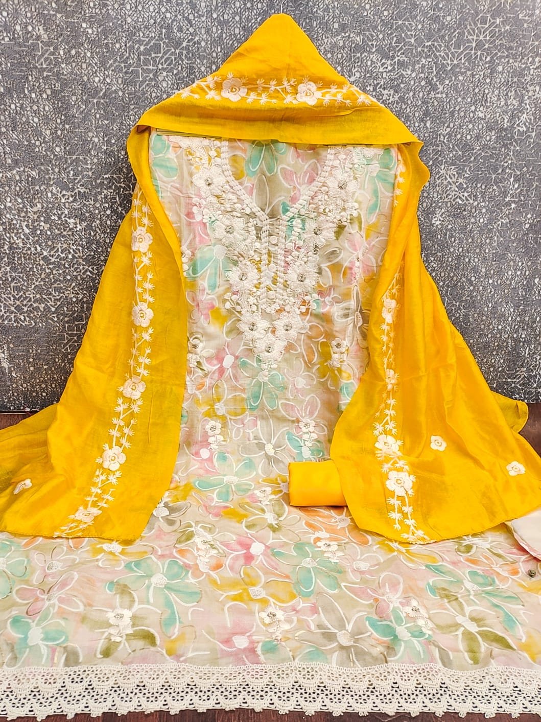 Floral Roman Silk Pakistani Dress Material with Chanderi Dupatta - Image 11