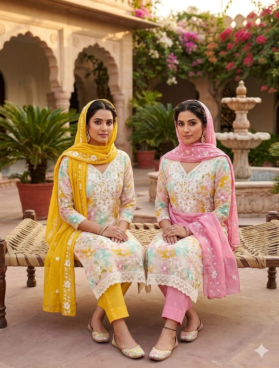Floral Roman Silk Pakistani Dress Material with Chanderi Dupatta - Image 7