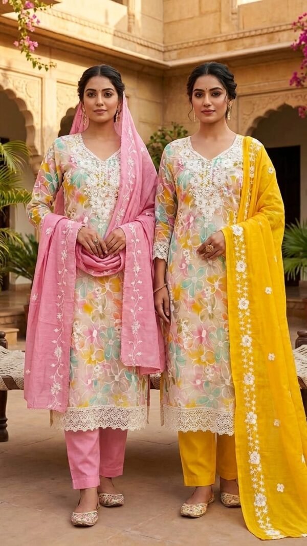 Premium unstitched PV Roman silk Pakistani dress material featuring long-stitch embroidery alongside a matching Chanderi work dupatta.