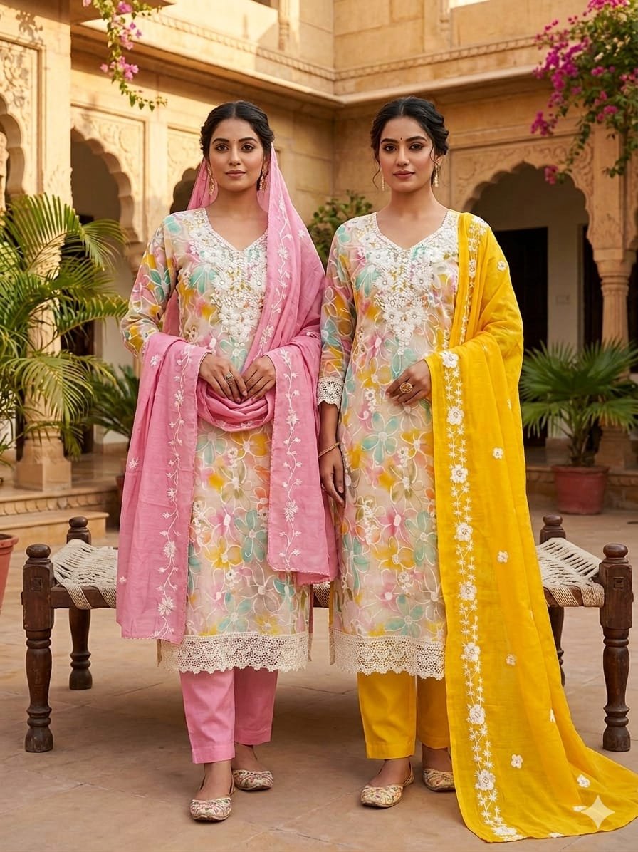 Premium unstitched PV Roman silk Pakistani dress material featuring long-stitch embroidery alongside a matching Chanderi work dupatta.