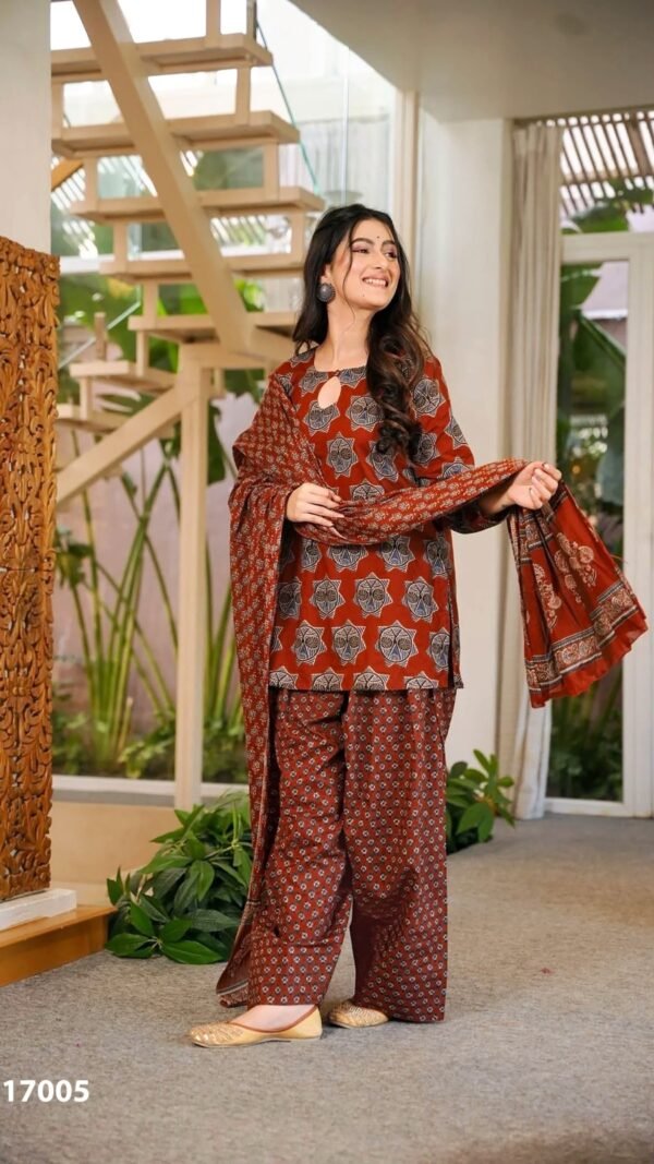 Alternative view of Buy Rust Brown Cotton Farshi Salwar Suit for Women Under ₹1500 | Designer Printed Cotton Suit Set