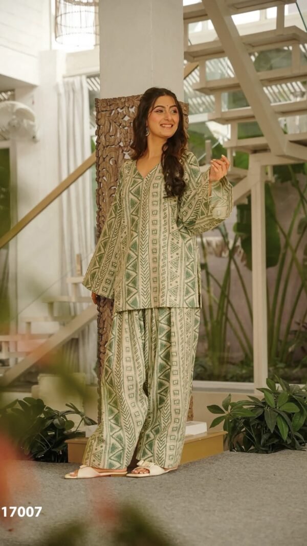 Alternative view of Buy Sage Green Cotton Farshi Salwar Suit for Women Under ₹1500 | Designer Geometric Printed Cotton Suit