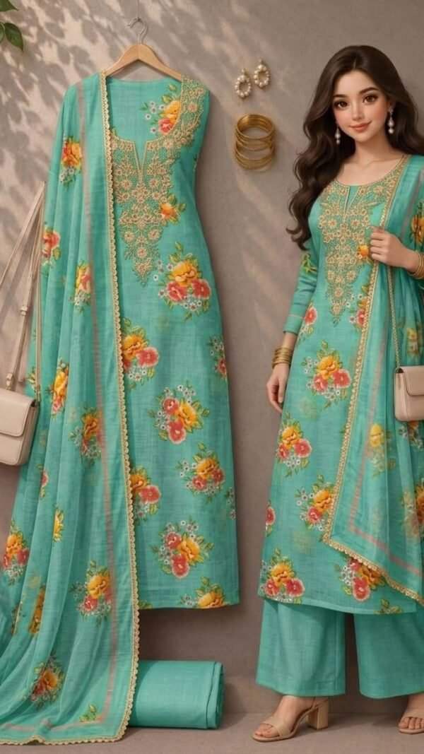 Cool sea green Lilan cotton Pakistani unstitched suit featuring detailed neckline coding sequence embroidery.