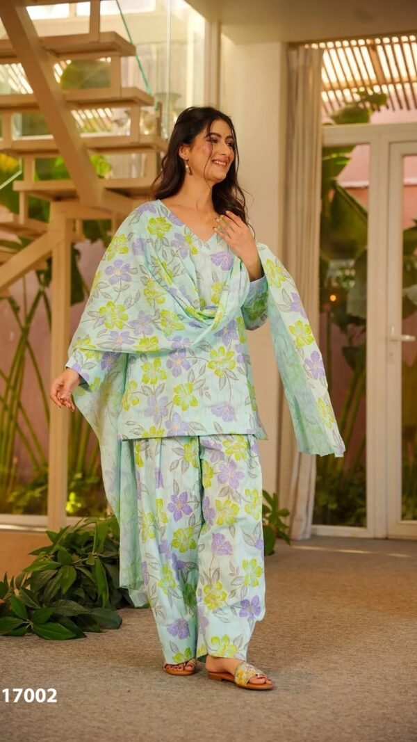 Alternative view of Buy Sky Blue Cotton Farshi Salwar Suit for Women Under ₹1500 | Floral Cambric Cotton Suit