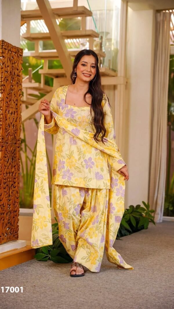 Yellow Cotton Farshi Salwar Suit for Women Under ₹1500 with Digital Floral Print