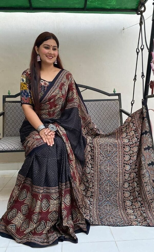 Premium Black & Maroon Ajrakh Digital Print Muslin Saree with Rich Ajrakh Pallu and Contrast Blouse for Women