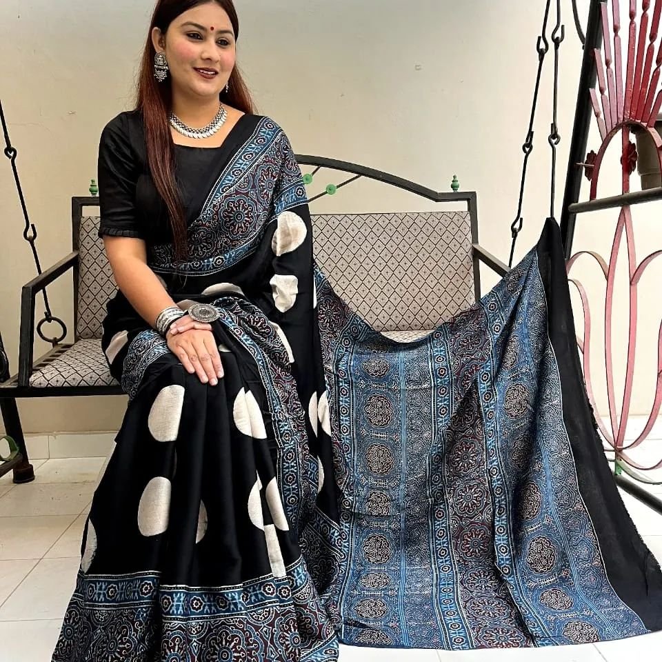Ajrakh Digital Print Premium Muslin Saree with Rich Ajrakh Pallu and Contrast Blouse for Women