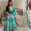 Premium Sea Green Ajrakh Digital Print Muslin Saree with Rich Ajrakh Pallu and Contrast Blouse for Women